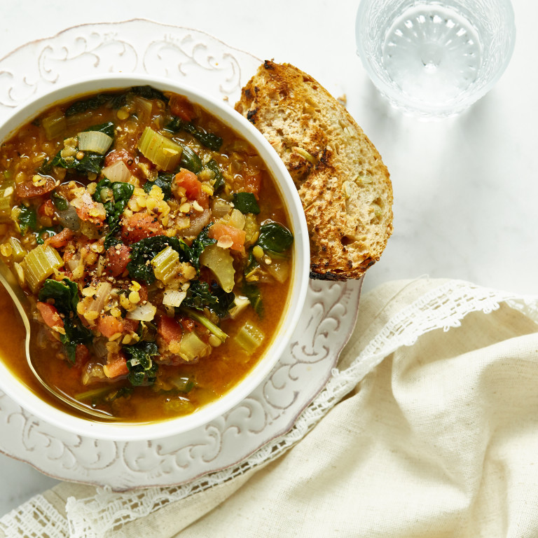 Spiced Red Lentil, Tomato, and Kale Soup