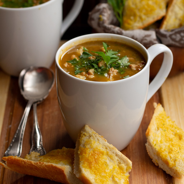 Mushroom Millet Soup with Cheezy Garlic Bread