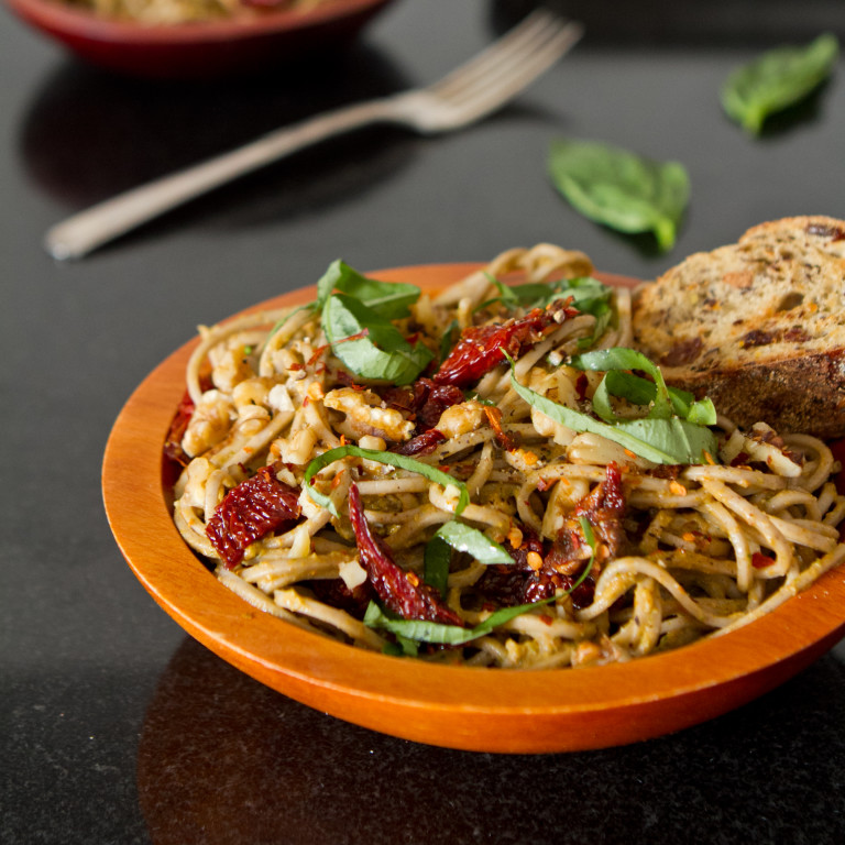 Lightened-Up Sundried Tomato Basil Pesto Pasta