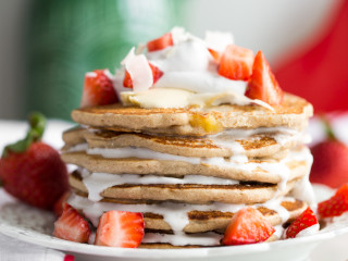 Easy Vegan and Gluten-Free Pancakes (Strawberry Shortcake + Whipped Cream)