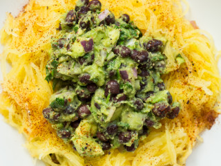 Tex Mex Spaghetti Squash with Black Bean Guacamole